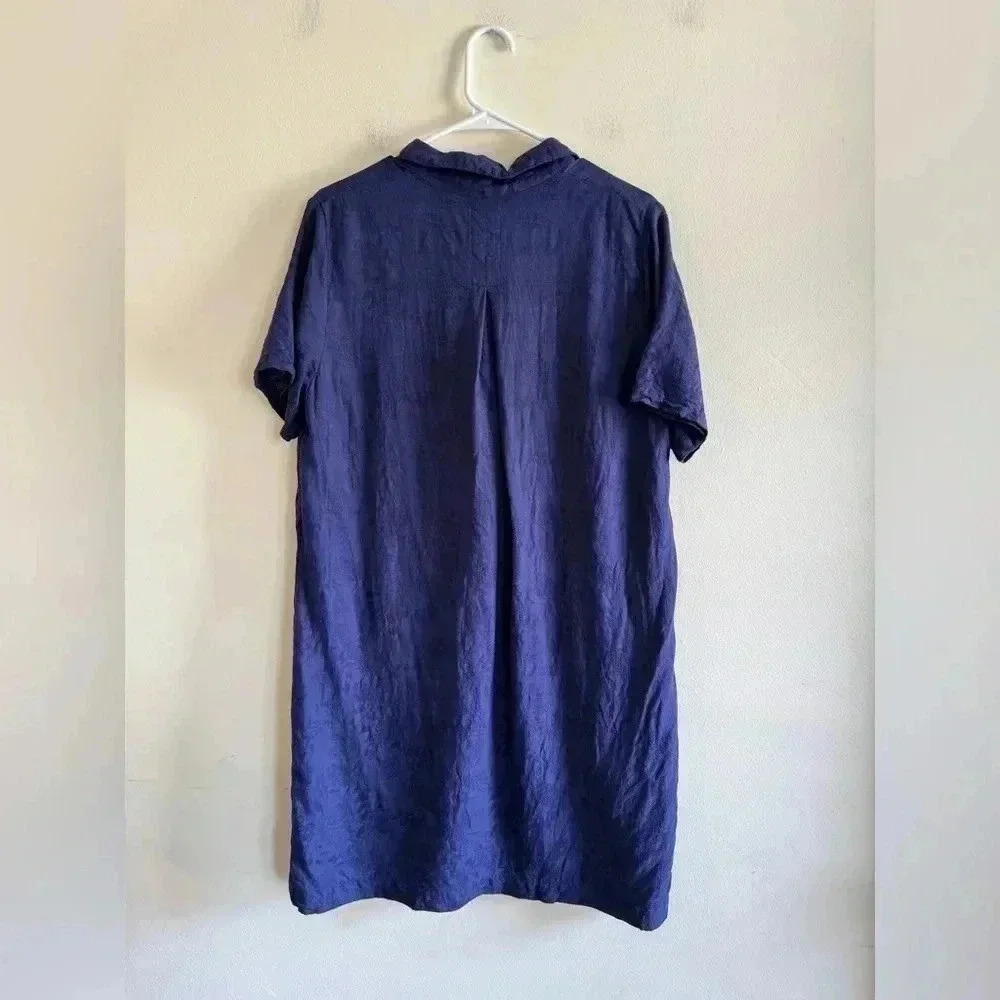 Anthropologie Navy Finley Floral Jacquard Lace-Up Linen Blend Shirt Dress 12 - Picture 6 of 16